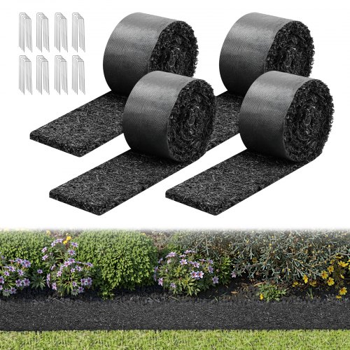 

VEVOR Mantillo de Caucho para Paisajismo 305 x 11,5 cm Grosor de 1,3 cm, 4 Rollos de Mantillo de Caucho, Barrera Floral con Estacas, Bordes de Jardín Recortables, para Patios, Huertos, Frutales