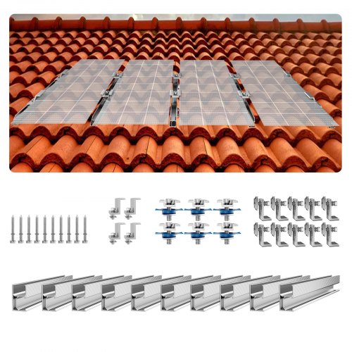 

VEVOR Soporte para Panel Solar Kit de Fijación de Panel Solar con 10 Rieles de 100 mm, 4 Abrazaderas de Extremo, 6 Abrazaderas Livianas para Techo de Metal, Techo de Concreto, Techo de Madera