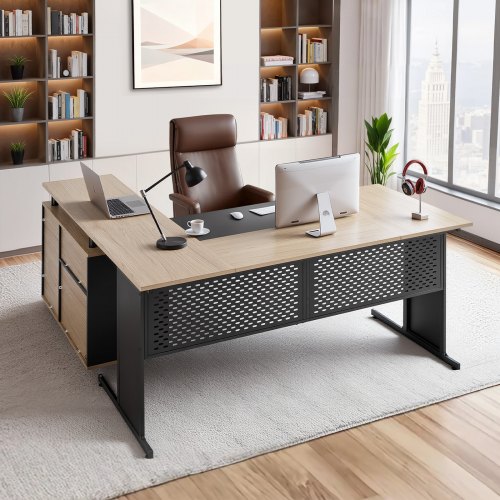 

VEVOR Escritorio Ejecutivo Grande en Forma de L, con Cajones y Armario, Reversible, Fabricado en Hierro y Madera, Soporta hasta 158,7 kg, Ideal para Trabajar, Estudiar y Escribir, Madera y Negro