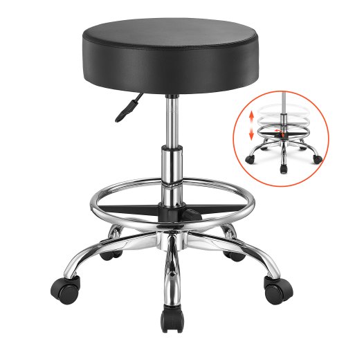 

VEVOR Taburete Redondo de Altura Ajustable de 55-71 cm Carga de 204kg, Taburete de Trabajo con Reposapiés, Taburete redondo Giratoria Ergonómica de Cuero de PU para Salón Spa Clínica de Masaje, Negro