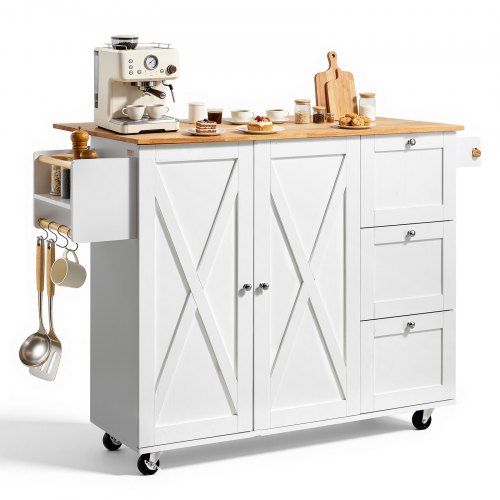 VEVOR Carro de Cocina con Tapa de Madera Maciza, 115 cm Carro Móvil con Armario de Almacenamiento sobre Ruedas, Mesa de Cocina Rodante con Estante de Especias, Toallero, Hoja Abatible y Cajón, Blanco