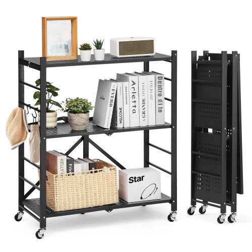 

VEVOR Estante de Almacenamiento Plegable de 3 Niveles con Ruedas 76 x 33 x 91 cm Estantería Metálica Móvil Resistente, sin Necesidad de Ensamblaje, Organizador para Garaje, Cocina, Sótano, Negro