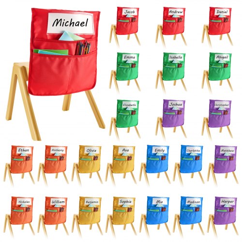 

VEVOR 24 Piezas Bolsillos para Sillas para Aula 465 x 510 mm con Etiqueta para Nombre, Organizador para el Respaldo de la Silla para Niños en Aula, Guardería, Escuela y Hogar, 6 Colores Brillantes