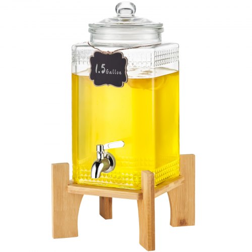 

VEVOR Dispensador de Bebidas de 5,5 Litros para Fiestas, Dispensador de Jugo de Vidrio con Soporte, Espiga de Acero Inoxidable, Dispensador de Agua de Jugo de Limonada de Té Helado, 215 x 215 x 425 mm