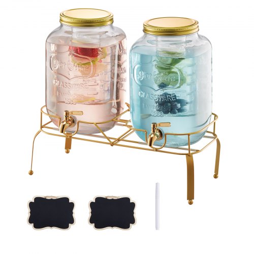 

VEVOR Dispensador de Bebidas de 8 L para Fiestas, de Vidrio, con Soporte de Metal, Grifo de Acero Inoxidable, Infusor, para Té Helado, Limonada, Jugo y Agua, Cilindro Doble, 414 x 177 x 440 mm