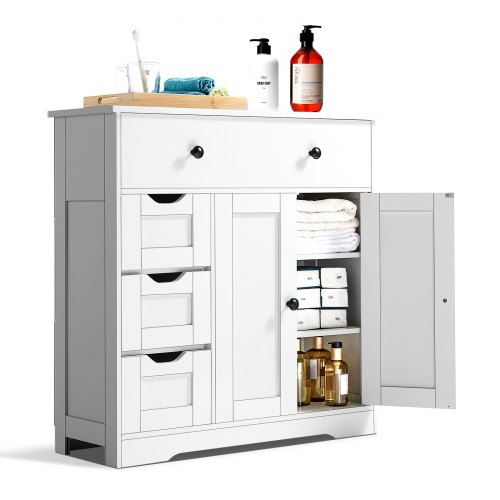 

VEVOR Armario de Baño de 4 Niveles de Almacenamiento de Madera con 2 Puertas, 4 Cajones y Estante Ajustable, Moderno e Independiente, a Cocina, Salón o Entrada, Resistente al Agua, Color Blanco