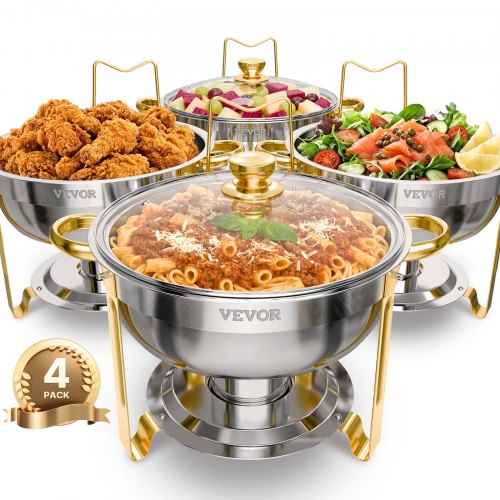 

VEVOR Calentador de Alimentos para Bufé con 4 Recipientes de Tamaño Completo(4,7 L), Redondo, para Catering con Tapa de Cristal, Bandeja de Agua y Soporte Plegable, para Bufé de Bodas, Dorado