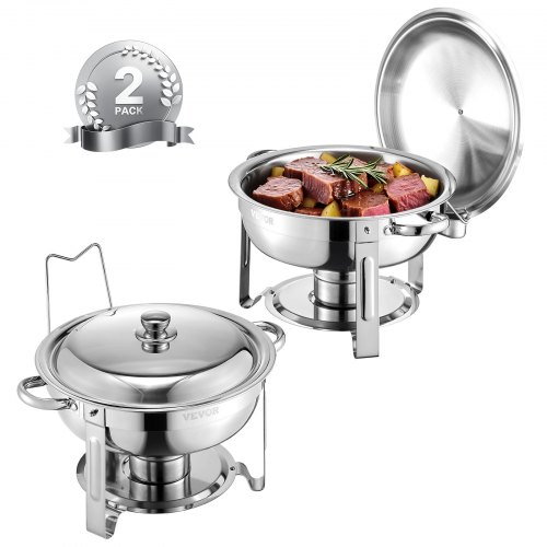 

VEVOR Calentador de Alimentos para Bufé con 2 Recipientes de Tamaño Completo(4,7 L Cada Uno), Redondo, para Catering con Tapa, Soporte para Combustible y Bandeja Agua, para Bodas y Fiestas, Plata