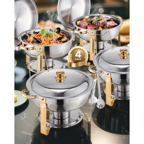 

VEVOR Calentador de Alimentos para Bufé con 4 Recipientes de Tamaño Completo(4,7 L Cada Uno), Redondo, para Catering con Tapa, Bandeja de Agua y Soporte Plegable, para bodas y Fiestas, Dorado