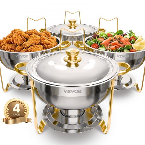 VEVOR Calentador de Alimentos para Bufé con 4 Recipientes de Tamaño Completo(4,7 L Cada Uno), Redondo, para Catering con Tapa, Bandeja de Agua y Soporte Plegable, para bodas y Fiestas, Dorado