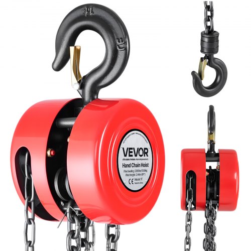 VEVOR Polipasto de cadena manual, Polipasto de Polea Redondo con Cadena Galvanizada G70 Mejorada, Altura de Elevación de 2,44 m Carga de 1 T para Garaje, Almacén y Maquinaria Automotriz, Rojo