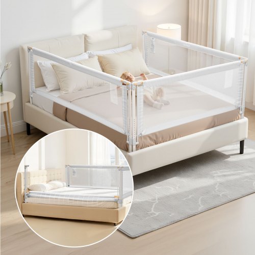

VEVOR Barandilla de Cama Infantil de 3 Lados, Tubo de Hierro Reforzado, Tela Oxford, Altura Ajustable de 68 a 89 cm, para Camas Tamaño King, Grosor de Colchón de 5 a 27 cm, 2000 x 620 mm, Gris