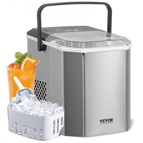 

VEVOR Máquina para Hacer Hielo de Encimera Autolimpiante, 9 Cubitos Listos en 6 Minutos, 11,7 kg/24 h, con Pala y Canasta, 2 Tamaños de Balas de Hielo para el Hogar, la Cocina, 222 x 294 x 290 mm