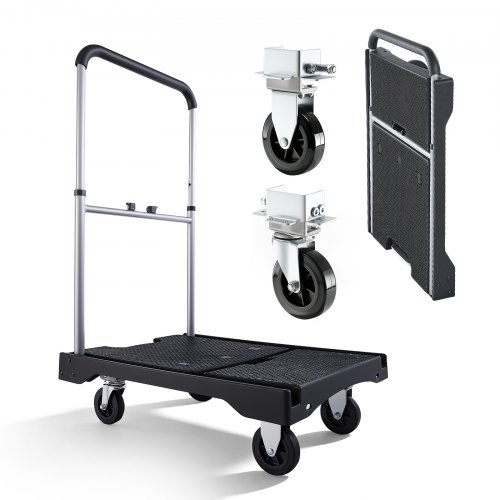 VEVOR Carro Plataforma Plegable 495 x 680 mm, Carretilla de Transporte Carga de 149,7 kg, Carrito Portaequipajes con Plataforma con Ruedas Giratorias, Asa Ajustable para Tareas Domésticas, Almacén