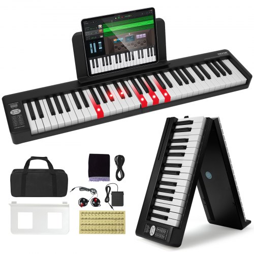 

VEVOR Teclado de Piano Plegable 61 Teclas Bluetooth y MIDI Piano Electrónico Digital Portátil con Pedal de Sostenido Teclas Iluminadas Recargable para Principiantes, Adolescentes, Adultos, Negro