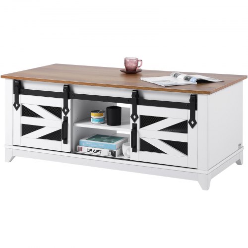 

VEVOR Mesa de Centro Rústica de 2 Niveles de 1210 x 560 x 481 mm, Mesa de Centro Rectangular con 2 Puertas Corredizas, Estantes Extraíbles para Sala de Estar, Apartamento, Color Blanco y Natural