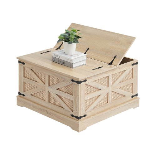 

VEVOR Mesa de Centro de Ratán de 800 x 800 x 460 mm, Mesa de Centro Rectangular de Madera Tejida de Ratán Sintético con Tablero de MDF, Bisagras de Metal Retro para Sala de Estar, Color Madera