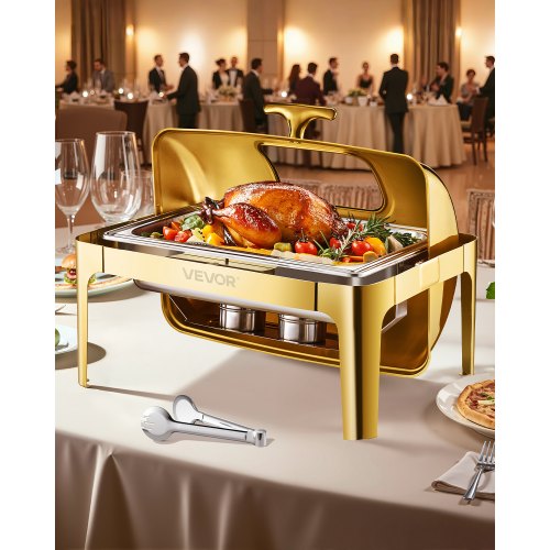 

VEVOR Juego de Calentador de Alimentos Acero Inoxidable con Sartenes Tamaño Completo(8,5 L), Rectangular, con Tapa Visible y Soporte para Bandeja de Agua y Depósito de Combustible, Dorado, 1 ud