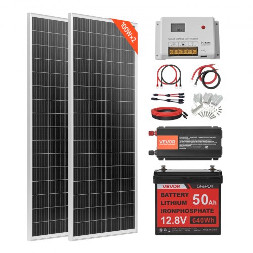 

VEVOR Kit Completo de Energía Solar 200 W 12 V, con 2 Paneles Solares Monocristalinos 100 W, Batería LiFePO₄ 12,8 V 50 Ah, Controlador de Carga de 40 A, Inversor de Corriente de 800 W para Barcos