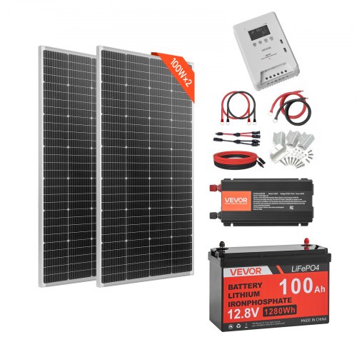 

VEVOR Kit Completo de Energía Solar 400 W 12 V, con 2 Paneles Solares Monocristalinos 200 W, Batería LiFePO₄ 12,8 V 100 Ah, Controlador de Carga de 40 A, Inversor de Corriente de 1000 W para Barcos
