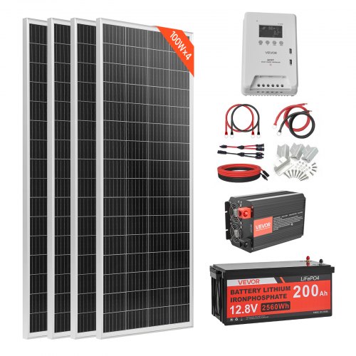 

VEVOR Kit Completo de Energía Solar 400 W 12 V, con 4 Paneles Solares Monocristalinos 100 W, Batería LiFePO₄ 12,8 V 200 Ah, Controlador de Carga de 40 A, Inversor de Corriente de 2000 W para Barcos