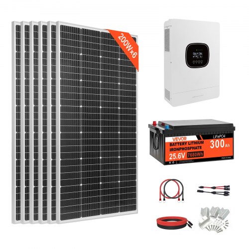

VEVOR Kit Completo de Energía Solar 1200 W 24 V, con 6 Paneles Solares Monocristalinos 200 W, Batería LiFePO₄ de 25,6 V 300 Ah, Inversor Híbrido de 24 V y 3600 W para Cobertizos, Granjas, Casas
