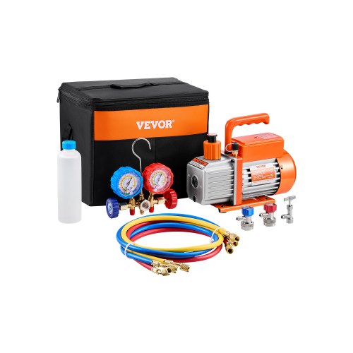 

VEVOR 3,5 CFM Bomba de Vacío y Manómetro de Aire Acondicionado Bomba de Vacío de Una Etapa Kit de Manómetro de Colector de Refrigerante de Aire Acondicionado con Mangueras para R134a, R12, R22, R502a