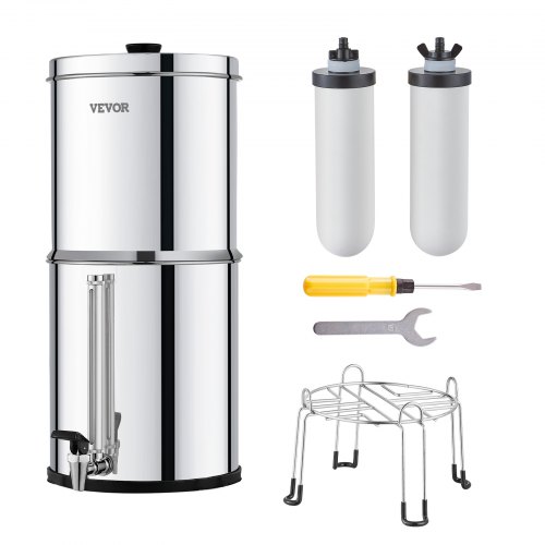 VEVOR Sistema de Filtración de Agua por Gravedad 8,5L Sistema de Encimera Acero Inoxidable Reduce Plomo y hasta 99% de Cloro con Filtros de Carbón y Cerámica Grifo Nivel de Agua Visible para Camping