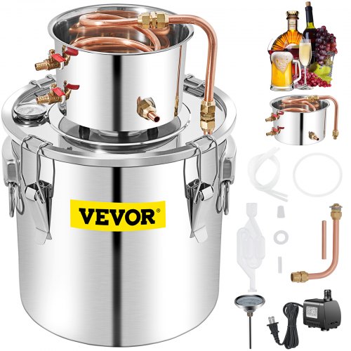 

VEVOR Destilar Alcohol Destilador de Agua de 13,2 galones (50 L) Alambique para Destilación Casera 1 Barril Serpentín de Acero Inoxidable