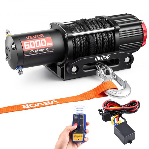 VEVOR Cabrestante Eléctrico 12V 2721 kg para ATV UTV con Cuerda Sintética de 6 mm x 15 m, Motor 2,6 kW, Control Remoto con Cable, Guía de Cable, Gancho y Soporte de Montaje para Exteriores Todoterreno