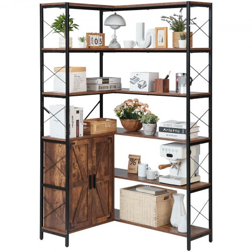 

VEVOR Estante de Esquina 6 Niveles 80 x 102 x 180 cm en Forma de L Estantería de Esquina con Marco de Metal Estantes de Madera Librería de Almacenamiento para Dormitorio, Sala de Estar, Oficina