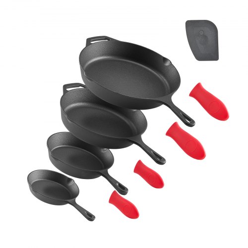 

VEVOR Sartén de Hierro Fundido, Juego de 4 Sartenes de 155, 205, 260 y 305 mm, con Mango de Silicona Resistente al Calor, Precurada, para Cocina, Horno, Gas, Eléctrico, Inducción, Color Negro