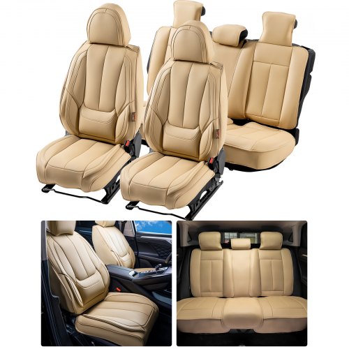 

VEVOR Fundas de Asiento Universales para Asientos de Automóvil, Juego Completo de Asientos Delanteros y Traseros, 13 Piezas de Funda de Asiento de Piel Sintética, para la Mayoría de los Autos, Beige