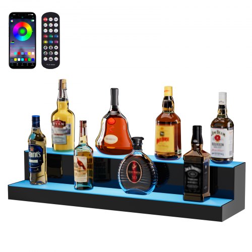 

VEVOR Estante de exhibición de botellas de licor iluminado con LED, estante de barra comercial iluminado de 2 niveles y 30 pulgadas, soporte para whisky de 2 pasos, estantes acrílicos para bebidas con control remoto RF y aplicación e iluminación multicolo