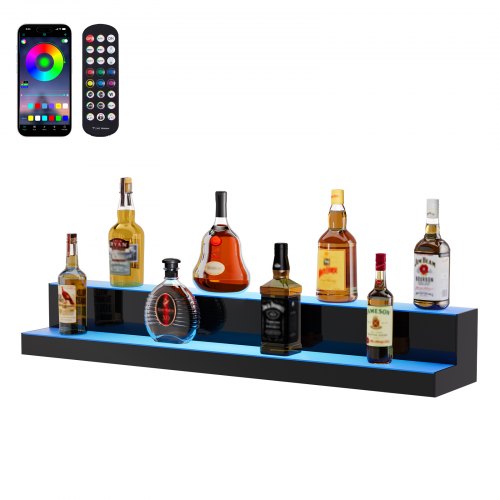 

VEVOR Estante de exhibición de botellas de licor iluminado con LED, estante de barra comercial iluminado de 2 niveles de 40 pulgadas, soporte de estante para whisky de 2 pasos, estantes de bebidas de acrílico con control remoto RF y aplicación e iluminaci