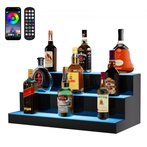 

Estante de exhibición de botellas de licor iluminado con LED VEVOR, estante de barra comercial iluminado de 3 niveles y 24 pulgadas, soporte para whisky de 3 pasos, estantes acrílicos para bebidas con control remoto RF y aplicación e iluminación multicolo