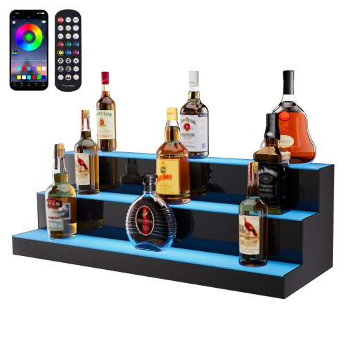 

Estante de exhibición de botellas de licor iluminado con LED VEVOR, estante de barra comercial iluminado de 3 niveles y 30 pulgadas, soporte para whisky de 3 pasos, estantes acrílicos para bebidas con control remoto RF y aplicación e iluminación multicolo