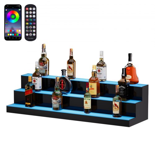 

Estante de exhibición de botellas de licor iluminado con LED VEVOR, estante de barra comercial iluminado de 3 niveles y 40 pulgadas, soporte para whisky de 3 pasos, estantes acrílicos para bebidas con control remoto RF y aplicación e iluminación multicolo