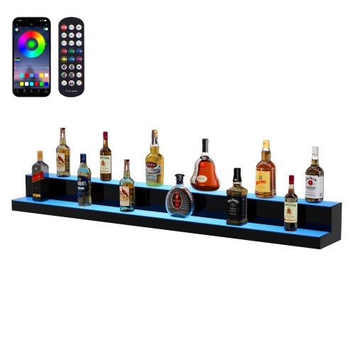 

Estante de exhibición de botellas de licor iluminado con LED VEVOR, estante de barra comercial iluminado de 2 niveles y 60 pulgadas, soporte para whisky de 2 pasos, estantes acrílicos para bebidas con control remoto RF y aplicación e iluminación multicolo