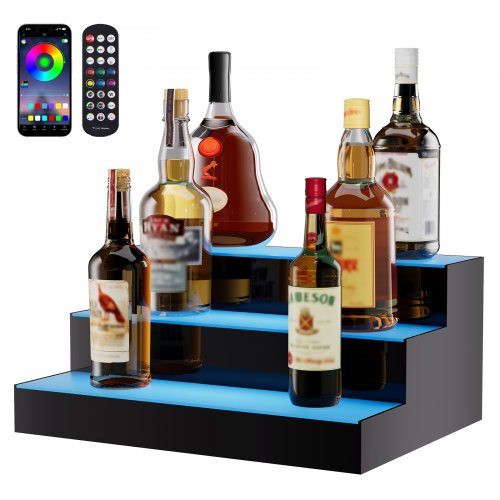 

Estante de exhibición de botellas de licor iluminado con LED VEVOR, estante de barra comercial iluminado de 3 niveles y 16 pulgadas, soporte para whisky de 3 pasos, estantes acrílicos para bebidas con control remoto RF y aplicación e iluminación multicolo