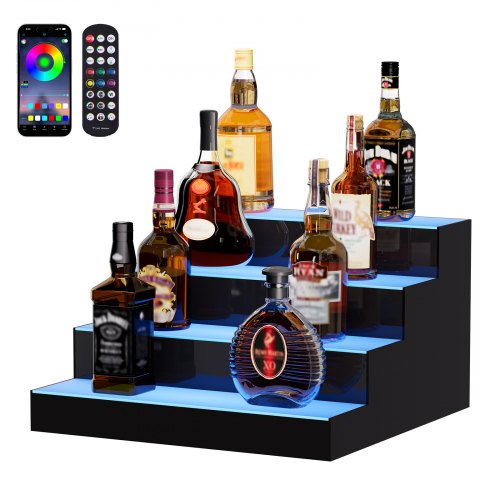

VEVOR Estante de exhibición de botellas de licor iluminado con LED, estante de barra comercial iluminado de 4 niveles y 16 pulgadas, soporte para whisky de 4 pasos, estantes acrílicos para bebidas con control remoto RF y aplicación e iluminación multicolo