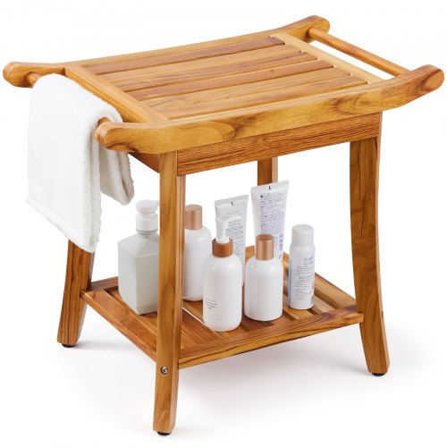 

Banco de ducha de teca VEVOR, 22 x 14,4 x 18,5 pulgadas, taburete de ducha de madera resistente al agua con estante de almacenamiento, asa y patas antideslizantes, capacidad de carga máxima de 300 libras, asiento de silla de ducha, para uso en interiores 