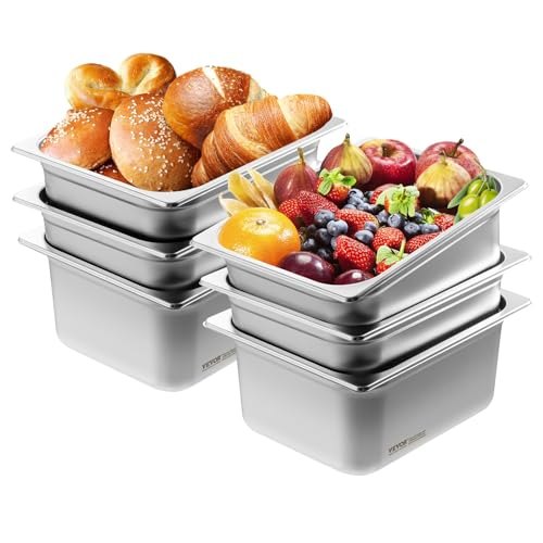 

VEVOR Bac Gastronorme GN 1/2 Lot de 6, Récipient Inox pour Bain-marie 0,8 mm d'Épaisseur, Bac Inox Alimentaire 14,8 cm Profondeur, pour Fours à Convection, Réfrigérateurs, Stockage, Restauration