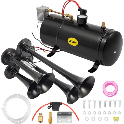 VEVOR Kit de Klaxon 4 Trompettes, Klaxon Compresseur d'Air 150 dB 12 V, Klaxon avec Compresseur d'Air Réservoir 3 L, Trompette Compresseur d'Air Train en Acier Inoxydable, Camion, Bateau, Voiture