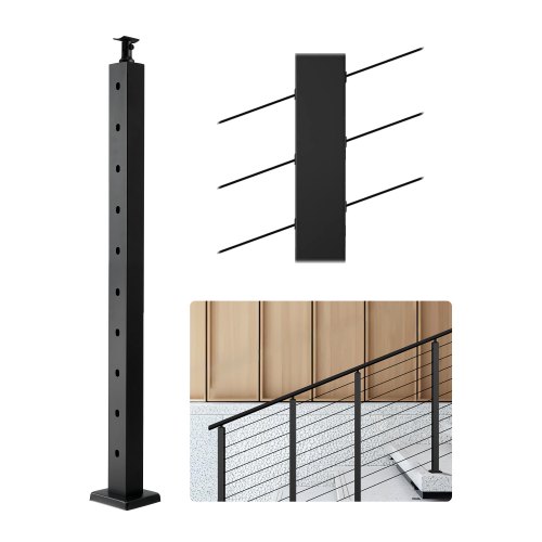 VEVOR Poteau Garde Corps, 914x50,8x50,8 mm, Poteau de Rampe d'Escalier à Câble, avec Trous Pré-percés 30°, Support Horizontal et Incurvé, pour Main Courante, Balustrades, Noir, 1JZLGZXHS914YIVIS001V0