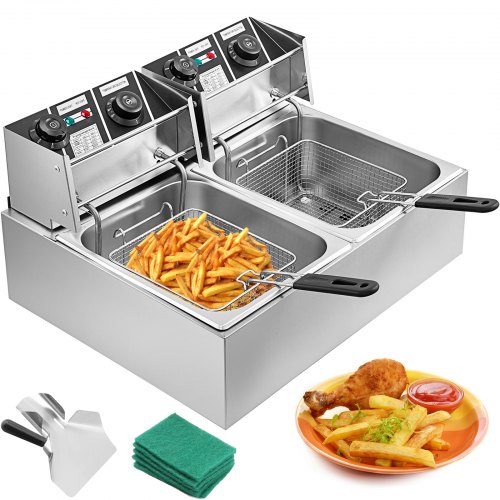 VEVOR 20L 5000W Friteuse Électrique Inox Friteuse Commerciale en Acier Inox à Double Réservoir Frite