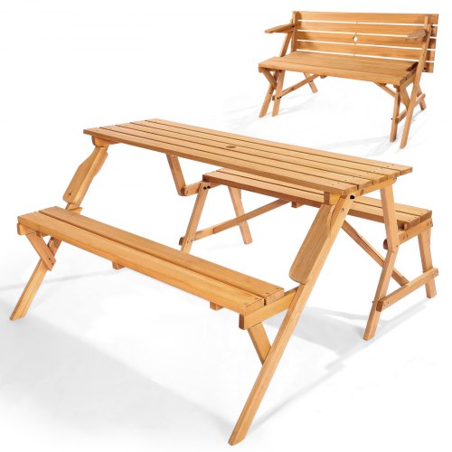 

VEVOR Table de pique-nique interchangeable 2 en 1 transformable, ensemble table et banc d'extérieur en bois, banc pliable portable avec trou pour parasol, pour jardin, arrière-cour, porche, marron