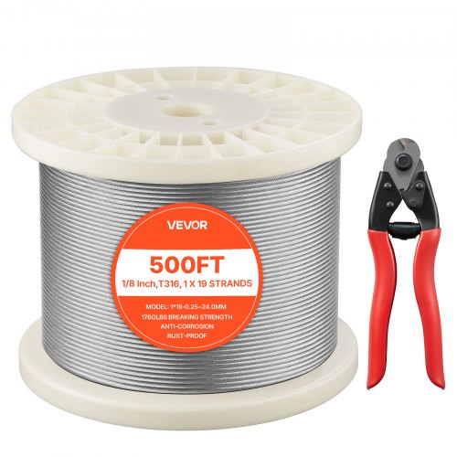 

VEVOR Câble Acier Inoxydable 3,2 mm x 152,4 m Cable Inox 316 Fil Tressé Inox pour Système de Garde-corps de Terrasse, Treillis de Jardin, avec Coupe-câble, Résistance à Rupture 798,3 kg, 1x19 Brins