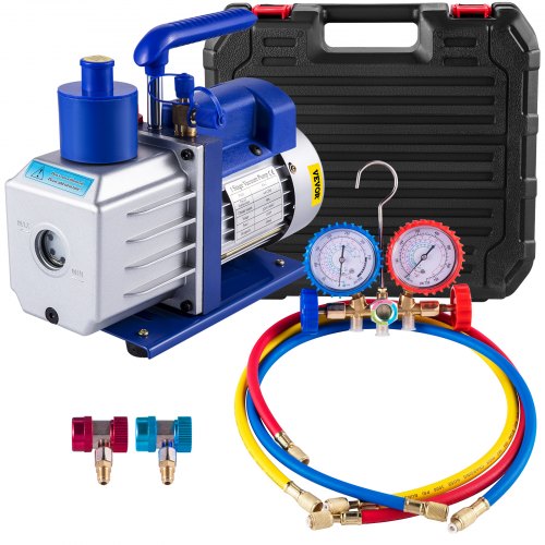 VEVOR 4,8 CFM Pompe à Vide, Pompe à Vide Frigoriste 1/3 HP, Pompe à Vide Climatisation à 1 Étage avec Jauge, Radiateur Intelligent et 3 Tuyaux pour Système de Réfrégération et Climatisation