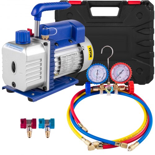 VEVOR 4CFM 1/4HP Pompe à Vide, 114 Lt/Min Pompe à Vide Frigoriste avec Jauge de Collecteur CA/CC, Pompe à Vide Climatisation Pompe à Dépression R12, R22 ou R134a